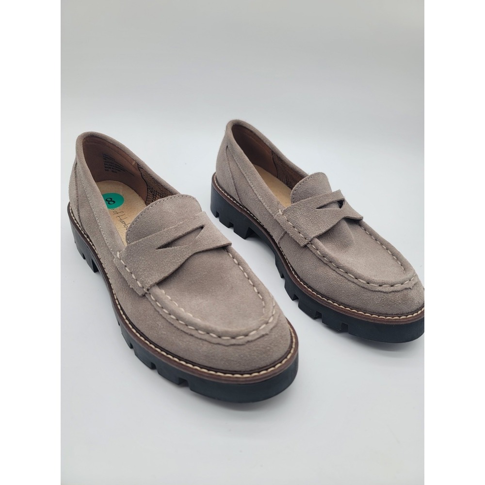 House of Harlow 1960 Taupe Suede Penny Loafers Lug Sole Shoes Womens Size 8
